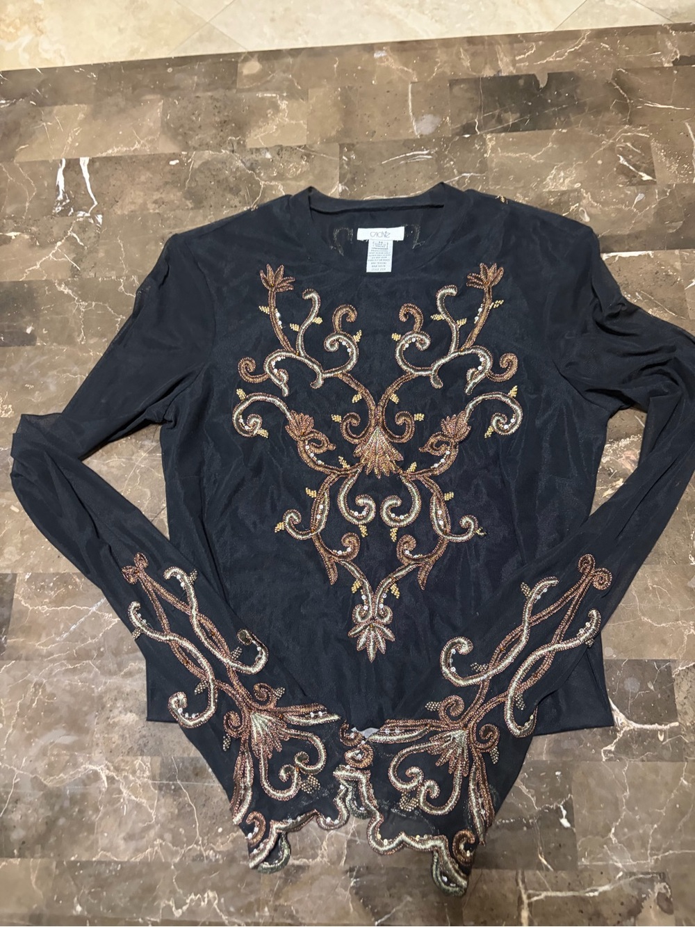 Cache Black Long-Sleeve Top with Bronze & Gold Embroidery